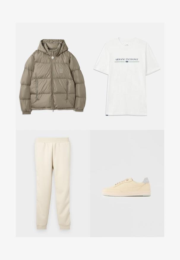 Veste rembourrée d'un vert olive atténué, dotée d'une capuche, de poches zippées, de poignets élastiques et d'un écusson sur la poitrine. Texture lisse.; T-shirt en coton blanc à manches courtes, avec un logo "ARMANI EXCHANGE" bleu et vert et "1991" centré en dessous.; Pantalons de survêtement beige clair fabriqués en tissu doux avec un design fuselé, une ceinture élastique et des poignets aux chevilles. Pas de motifs ou d'accents visibles.; Baskets basses beige à lacets, semelle rose clair et languette grise à l'arrière marquée "Filling Pieces", vues de profil sur fond uni.