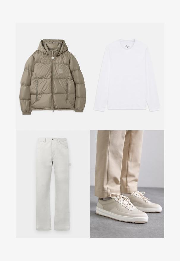 Chaqueta acolchada en un verde oliva apagado, con capucha, bolsillos con cremallera, puños elásticos y un parche de logo en el pecho. Textura suave.; Camisa blanca de manga larga con cuello redondo y el logo de Armani Exchange impreso en el interior del cuello, talla mediana.; Pantalones gris claro con corte recto, confeccionados en una suave tela de algodón, con bolsillos frontales y un bolsillo lateral tipo cargo.; Zapatillas beige con parte superior texturizada, suelas blancas y detalles cosidos, combinadas con pantalones beige, exhibidas sobre una superficie gris.