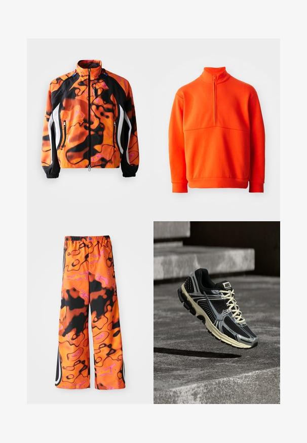 Lys orange og sort jakke med abstrakte mønstre, lynlås lukning, høj krave, elastiske manchetter og hvide detaljer langs siderne.; Orange pullover sweatshirt med høj krave og halv lynlås. Har en ensartet tekstur, lange ærmer og lige kant.; Løse bukser med et levende orange, sort og pink abstrakt virvlemønster, elastisk talje, sidestriber og knaplukning.; Sort og grå Nike-løbesko med cremefarvede snørebånd, der svæver over en tekstureret betonoverflade.