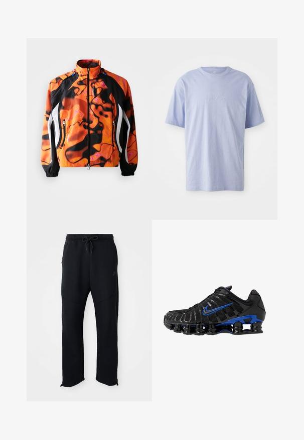 Heldere oranje en zwarte jas met abstracte patronen, ritssluiting, hoge kraag, elastische manchetten en witte accenten langs de zijkanten.; Lichtblauwe katoenen T-shirt met een ronde hals en korte mouwen. Kenmerkt zich door een reliëf "nike" logo op het midden van de voorkant. Zachte textuur.; Zwarte sportbroek met elastische tailleband en trekkoord, met zijzakken, taps toelopende pijpen en ritsen bij de enkels. Glad textuur.; Zwarte sportschoen met een mesh bovenwerk en glanzende accenten. Beschikt over een blauwe swoosh, een gevoerde kraag en een opvallende zwarte rubberen zool met zichtbare demping.