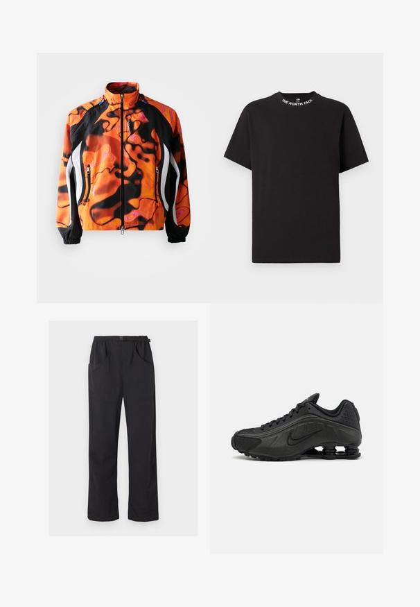 Heldere oranje en zwarte jas met abstracte patronen, ritssluiting, hoge kraag, elastische manchetten en witte accenten langs de zijkanten.; Zwart T-shirt met korte mouwen en een ronde hals met de tekst "THE NORTH FACE" gedrukt rond de kraag.; Zwarte broek met rechte pijpen, elastische tailleband en verstelbare gesp riem, voorzien van voor- en zijzakken.; Zwarte hardloopschoenen met een glad bovenwerk van synthetisch materiaal, geperforeerde accenten, gestructureerde zijpanelen en een opvallende veerkrachtige zool.
