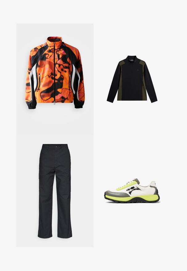 Heldere oranje en zwarte jas met abstracte patronen, ritssluiting, hoge kraag, elastische manchetten en witte accenten langs de zijkanten.; Zwart en olijfgroen sweatshirt met lange mouwen, een korte ritssluiting aan de voorkant en een klein logo op de borst.; Zwarte cargobroek met een rechte pijpdesign, voorzien van zijzakken en een geweven stof. Knopsluiting in de taille voor een veilige pasvorm.; Sneakers hebben een bovenwerk van wit canvas, grijze rubberaccenten, neon groene veters, een opvallend logo en een gestructureerde zwarte zool voor grip.