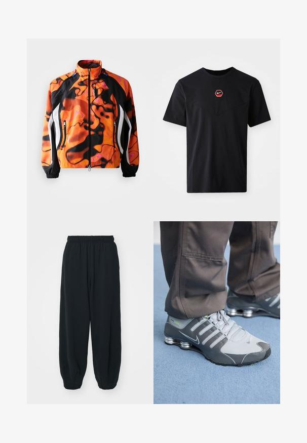 Lys orange og sort jakke med abstrakte mønstre, lynlås lukning, høj krave, elastiske manchetter og hvide detaljer langs siderne.; Sort kortærmet T-shirt i bomuld med et sekskantet rødt og hvidt Nike-logo på brystet og en rund halsudskæring.; Sorte svedbukser med elastisk talje, løs pasform, afsluttede ankler, glat tekstur og uden synlige mønstre eller hardware-detaljer.; Grå og sølv Nike Shox sneakers har et slankt design med mesh og syntetiske materialer, en rund tå og en polstret krave.