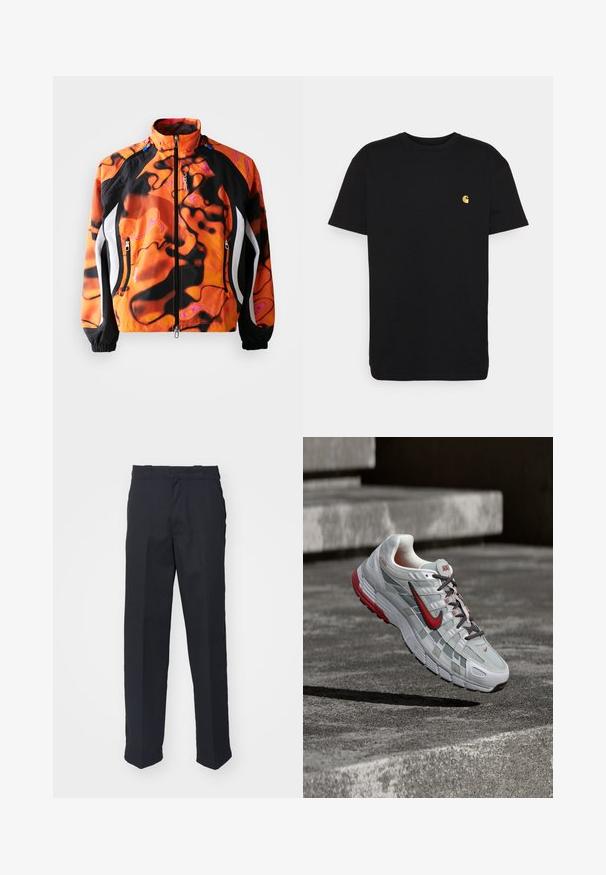 Helle orange und schwarze Jacke mit abstrakten Mustern, Reißverschluss, hohem Kragen, elastischen Bündchen und weißen Akzenten an den Seiten.; Schwarzes Baumwoll-T-Shirt mit kurzen Ärmeln, Rundhalsausschnitt und einem kleinen gelben Logo im linken Brustbereich. Einfaches Design und normale Passform.; Schwarze maßgeschneiderte Hose mit geradem Schnitt, aus glattem Stoff gefertigt, mit einem Bund mit Gürtelschlaufen und ohne sichtbare Muster oder Beschläge.; Weißer und grauer Nike-Laufschuh mit roten Akzenten und schwarzen Schnürsenkeln, schwebend über grauen Betonstufen.