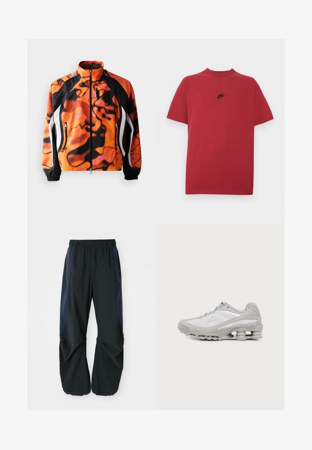 Heldere oranje en zwarte jas met abstracte patronen, ritssluiting, hoge kraag, elastische manchetten en witte accenten langs de zijkanten.; Rood katoenen T-shirt met een zwart Nike-logo op de borst, korte mouwen, een ronde halslijn en een normale pasvorm. Gladde textuur.; Zwarte outdoor broeken met een ontspannen pasvorm, voorzien van een elastische tailleband, marineblauwe zijpanelen en ritszakken aan beide zijden.; Grijze en witte sportschoen met zichtbare luchtkussenzool en meshpanelen, in profiel weergegeven op een eenvoudige lichte achtergrond.
