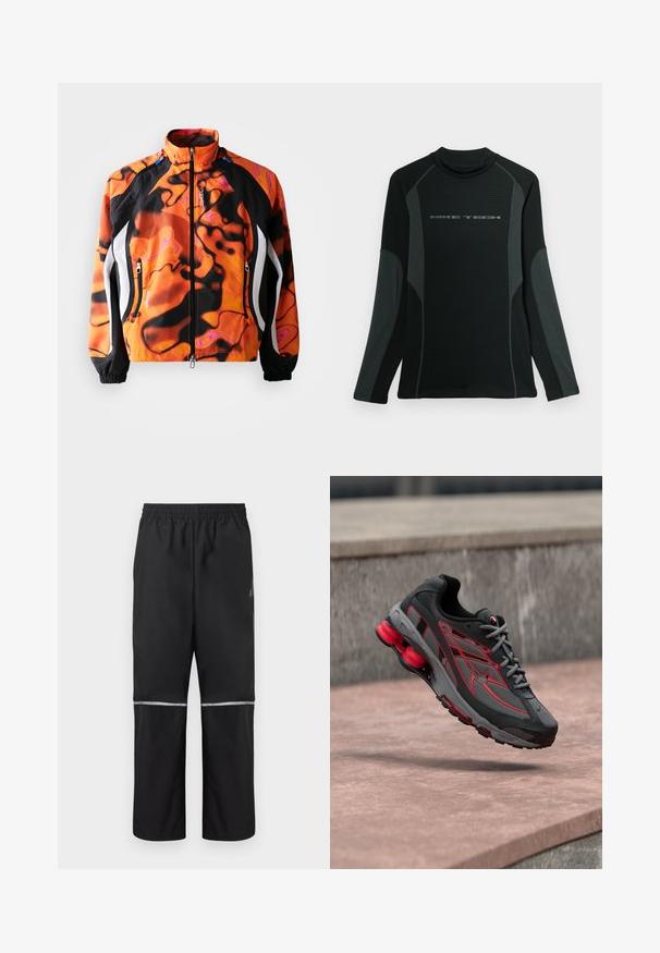 Lys orange og sort jakke med abstrakte mønstre, lynlås lukning, høj krave, elastiske manchetter og hvide detaljer langs siderne.; Sort langærmet skjorte med høj krave, lavet af tekstureret stof. Har grå sidepaneler og "NIKE TECH" logo over brystet.; Sorte lette vandtætte bukser med elastisk taljebånd og reflekterende vandrette striber over knæene, designet til udendørsaktiviteter.; Sort og grå atletiksko med røde accenter, tekstureret mesh-overdel og fremtrædende buet hældæmpning. Har indviklede designelementer.
