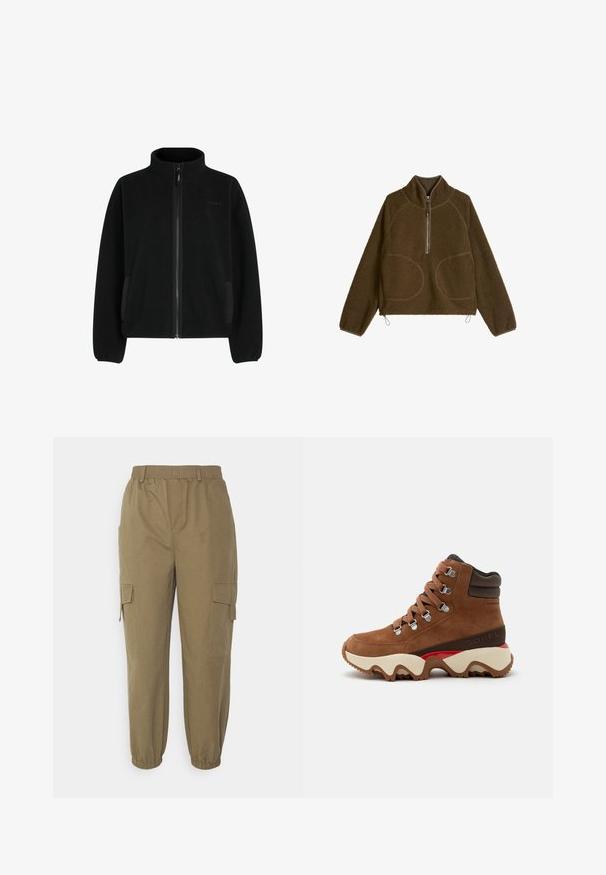 Veste en polaire noire unie avec col haut, fermeture éclair intégrale, poches latérales et finition texturée. Elle est dotée de poignets et d'un ourlet élastiqués.; Polaire marron à manches longues, avec fermeture éclair mi-longue à l'avant, col montant, poches avant arrondies, présenté à plat sur un fond blanc.; Vero Moda Tall VMTIMMIKAY PANT - Pantalon cargo - capers; Botte de randonnée en daim marron avec semelle épaisse blanche et rouge, col rembourré à la cheville, œillets métalliques et lacets ronds, montrée de profil.