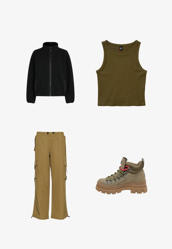Veste en polaire noire unie avec col haut, fermeture éclair intégrale, poches latérales et finition texturée. Elle est dotée de poignets et d'un ourlet élastiqués.; Crop top sans manches côtelé vert olive avec encolure ronde et petite étiquette de marque noire cousue à l'intérieur au dos.; Pantalons cargo kaki avec une taille élastique, plusieurs poches latérales et des poignets ajustables. Fabriqués en tissu durable avec une texture lisse.; Botte de randonnée montante en vert olive avec une semelle épaisse en caoutchouc marron, un col rembourré en mesh, des œillets métalliques et une boucle de lacet rouge en accent.