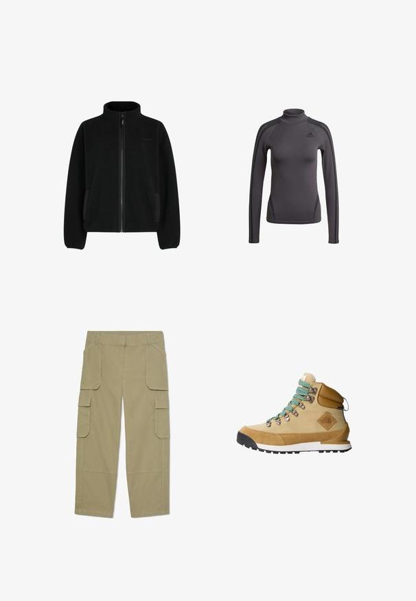 Veste en polaire noire unie avec col haut, fermeture éclair intégrale, poches latérales et finition texturée. Elle est dotée de poignets et d'un ourlet élastiqués.; Haut gris à manches longues avec un col montant, en tissu texturé avec des bandes noires d'accent sur les épaules, arborant un logo Adidas sur la poitrine.; Pantalon cargo kaki avec plusieurs poches à rabat à l’avant et sur les côtés, coupe droite et passants de ceinture à la taille.; Botte de randonnée beige avec un dessus en suède et en toile, lacets turquoise, col rembourré et semelle en caoutchouc noir avec un motif de grip texturé.