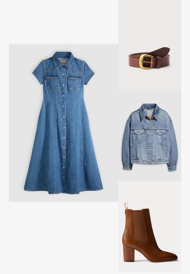 Lyseblå denimjakke med standardkrave, lange ærmer, to brystlommer, knaplukning og en let oversized pasform.; Blå denim kortærmet kjole med knaplukning foran, krave og to brystlommer med klap på en lys grå baggrund.; Brun læderstøvle med blokhæl, elastiske sidepaneler og trækstrop på bagsiden, vist i profil på en ensfarvet baggrund.; Brunt læderbælte rullet sammen med spænde i poleret guldmetal med indgraverede linjedetaljer.