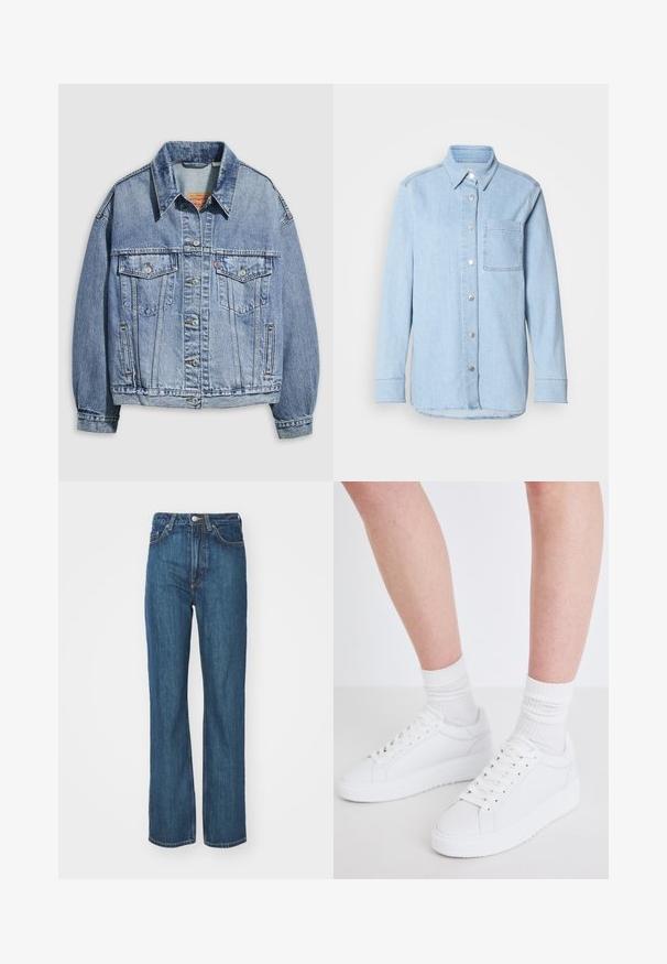 Svetlomodrá rifľová bunda so štandardným golierom, dlhými rukávmi, dvoma náprsnými vreckami, zapínaním na gombíky a mierne oversized strihom.; Svetlomodrá džínsová košeľa s gombíkovým zapínaním vpredu, s ostrým golierom, jednou náprsním vreckom a dlhými rukávmi s gombíkovým manžetami.; Modré riflové nohavice s rovnými nohavicami, so zapínaním na gombík, pútkami na opasok a rôznymi detailmi vrecka. Jemná textúra.; Copenhagen Studios CPH72 - Tenisky - white