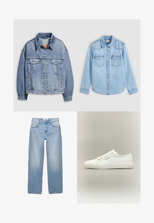 Hellblaue Jeansjacke mit einem Standardkragen, langen Ärmeln, zwei Brusttaschen, Knopfverschlüssen und einer leicht oversized Passform.; Hellblaues Jeanshemd mit langen Ärmeln, Knopfleiste, zwei Brusttaschen mit Klappen und einem klassischen spitzen Kragen vor grauem Hintergrund.; Helle blaue Jeans aus Denim mit geradem Bein, Fünf-Taschen-Stil und sichtbaren Nähdetails. Der Stoff hat eine weiche, leicht ausgewaschene Textur.; Weißer Low-Top Canvas-Sneaker mit strukturierter Gummisohle, weißen Schnürsenkeln und kleinem Calvin Klein-Label an der Seite.