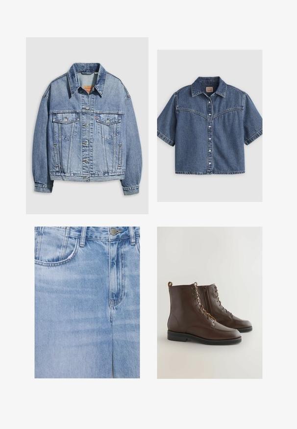Lyseblå denimjakke med standardkrave, lange ærmer, to brystlommer, knaplukning og en let oversized pasform.; Kortærmet blå denimskjorte med knapper, spids krave og Western-inspireret skørt med syningsdetaljer.; Lyseblå denimjeans med forlommer, metal knaplukning, bæltestropper og synlige syningsdetaljer.; Brune læderankelstøvler med en rund tå, snøring og en sidelukning, der har et syet design og en lav sort gummisål.