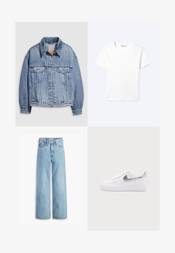Lyseblå denimjakke med standardkrave, lange ærmer, to brystlommer, knaplukning og en let oversized pasform.; Ensfarvet hvid t-shirt med korte ærmer og rund halsudskæring med en lille "WEEKDAY" label indeni halskanten, vist fladt på en lys baggrund.; Højtaljede, lyseblå, vide bukser med knap og lynlås fortil, bæltestropper og fem lomme-stil.; Hvid lavtopet sneaker med metallisk sølv Nike swoosh og hvide snørebånd på en ensfarvet lysegrå baggrund.