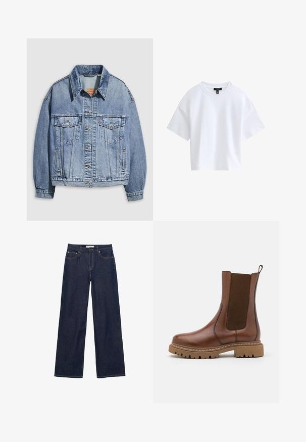 Hellblaue Jeansjacke mit einem Standardkragen, langen Ärmeln, zwei Brusttaschen, Knopfverschlüssen und einer leicht oversized Passform.; Schlichtes weißes kurzärmeliges Cropped-T-Shirt mit rundem Ausschnitt und schwarzem Markenlabel innen im Kragen.; Dunkelblaue Jeans mit geradem Bein, vorne und Münztasche, Knopfverschluss und sichtbaren Nähten auf weißem Hintergrund.; Braune Leder-Ankle-Boots mit elastischen Einsätzen und einem Ziehschlaufe. Sie verfügen über eine robuste Gummisohle und sichtbare Nahtdetails entlang der Kanten.