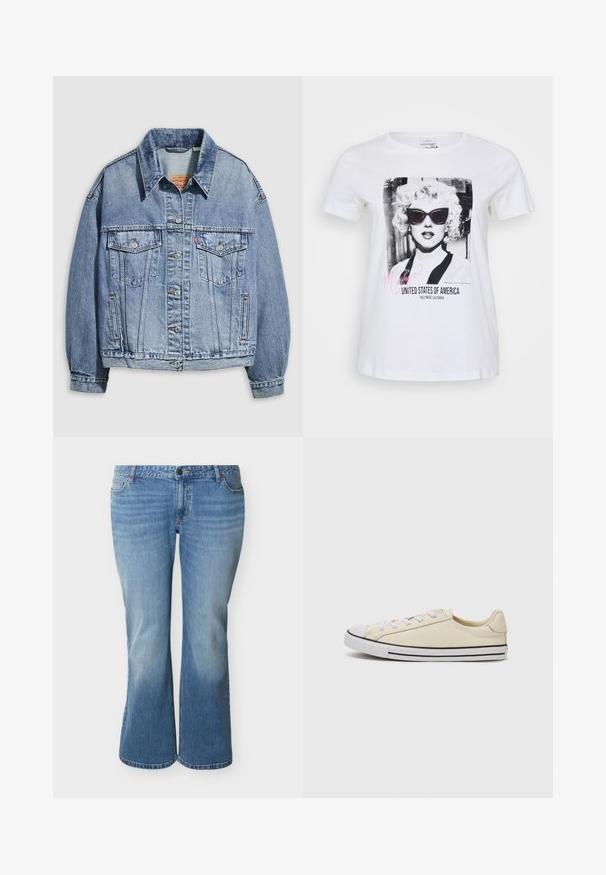 Lyseblå denimjakke med standardkrave, lange ærmer, to brystlommer, knaplukning og en let oversized pasform.; Hvid bomulds t-shirt med et sort og hvidt grafik af en kvinde iført solbriller, med teksten "Marilyn" og "United States of America".; Lyseblå cowboybukser med høj talje, let udvidede ben, forreste knaplukning og fem-lommers design.; Converse CHUCK TAYLOR ALL STAR DAINTY LUCKY - Sneakers - egret/black/white