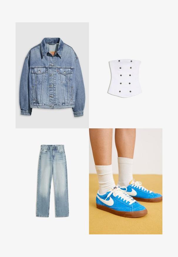 Lyseblå denimjakke med standardkrave, lange ærmer, to brystlommer, knaplukning og en let oversized pasform.; Hvid stropløs korset top med dobbel række sorte knapper foran og en let udflaring ved hofterne, vist på en ensfarvet hvid baggrund.; Lyseblå denimjeans, høj talje, med lige ben. Har klassisk fem-lomme design og subtil falming foran.; Blå ruskind Nike sneakers med hvide detaljer, flade snørebånd og brune gummisåler, parret med ribbede hvide sokker.