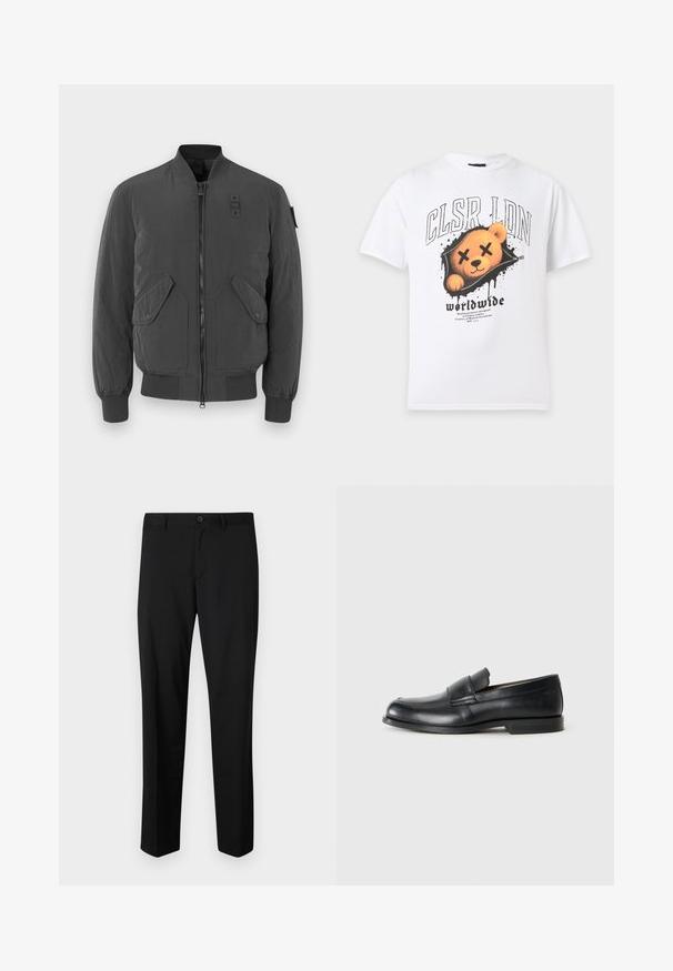 Chaqueta bomber gris oscuro con cierre de cremallera en el frente, puños y cuello acanalados, dos grandes bolsillos frontales y un parche de tela cerca del cuello.; Camiseta blanca con gráfico de un osito de peluche sonriente con ojos tachados dentro de un diseño negro tipo salpicadura sin cremallera y texto "CLSR LDN worldwide."; Pantalones de traje negros con frente plano, cintura estándar y piernas rectas. Hechos de una tela suave, con un cierre de botón único.; Mocasines de cuero negro con punta redondeada, detalles cosidos y suela plana de goma. Presentan una banda ancha sobre el empeine.