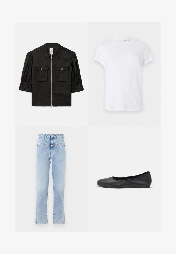 Chaqueta corta negra de manga corta con cuello, cierre con cremallera en la parte delantera, dos bolsillos en el pecho y mangas fruncidas, confeccionada en un tejido suave.; Camiseta blanca de manga corta con cuello redondo, fabricada en un material ligero, que presenta un diseño simple y limpio sin adornos.; Jeans de mezclilla azul claro con cintura alta y corte recto. Presenta un desgaste sutil, diseño estándar de cinco bolsillos y cierre de botón metálico.; Bailarina de piel negra con punta redondeada, textura suave, detalle de costura minimalista y diseño de suela flexible.