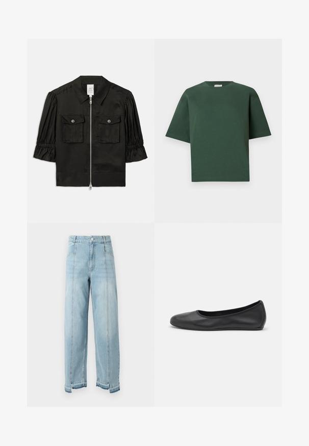 Chaqueta corta negra de manga corta con cuello, cierre con cremallera en la parte delantera, dos bolsillos en el pecho y mangas fruncidas, confeccionada en un tejido suave.; Camiseta de algodón verde con un corte relajado, cuello redondo y mangas cortas. Textura suave y diseño minimalista.; Pantalones vaqueros de mezclilla azul claro con pierna ancha, cintura alta y dobladillo deshilachado. Cuenta con dos bolsillos frontales y costuras visibles a lo largo de las costuras.; Bailarina de piel negra con punta redondeada, textura suave, detalle de costura minimalista y diseño de suela flexible.