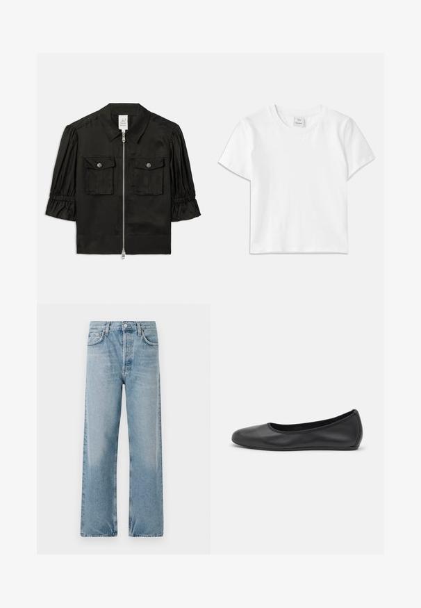 Zwarte korte mouw jacket met een kraag, ritssluiting aan de voorkant, twee borstzakken en gathered mouwen van soepele stof.; Witte katoenen t-shirt met een ronde hals, korte mouwen en een rechte zoom. Label met "Won Hundred" aan de voorkant van de halslijn.; Lichtblauwe denim jeans met een hoge taille, wijde pijpen en een vijf-pocket ontwerp. Kenmerkt een knoopsluiting en subtiele vervaging.; Zwarte leren ballerina met een ronde neus, gladde textuur, minimale stikdetails en een flexibele zoolontwerp.