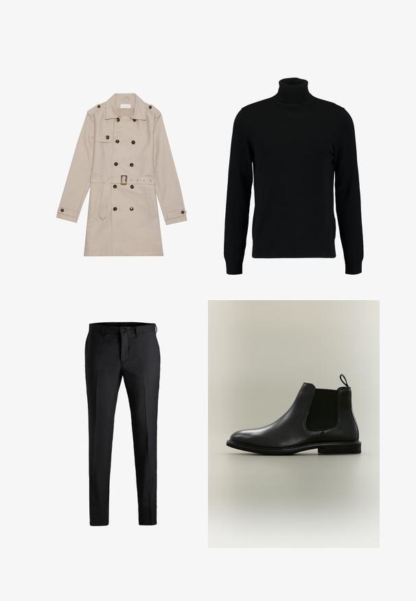 Manteau beige à double boutonnage, grandes boutons foncés, taille ceinturée, épaulettes et deux poches frontales.; Un pull à col roulé noir en matière tricotée douce. Il possède des manches longues, un col et un ourlet côtelés. Son design est simple et épuré, sans motifs.; Pantalons noirs en tissu lisse, avec une coupe droite, un clasp frontal simple, des passants de ceinture et un design épuré et simple.; Botte Chelsea en cuir noir avec panneau latéral élastique, languette à l'arrière, semelle plate et bout arrondi, présentée sur un fond gris clair.