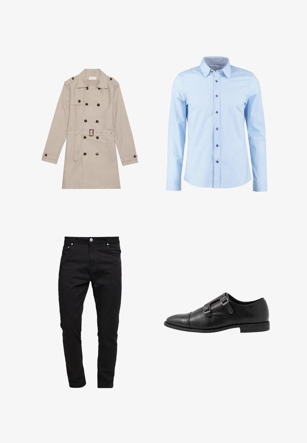 Manteau beige à double boutonnage, grandes boutons foncés, taille ceinturée, épaulettes et deux poches frontales.; Chemise habillée bleu clair à manches longues avec des boutons foncés et un col intérieur à carreaux, boutonnée devant.; Jean noir en tissu denim, design slim fit, style à cinq poches, fermeture à bouton métallique, avec des détails de couture et une texture lisse.; Chaussure monk strap en cuir noir avec deux boucles en argent, design à bout capteur, bout rond et semelle en caoutchouc de profil bas. Texture lisse, silhouette élégante.
