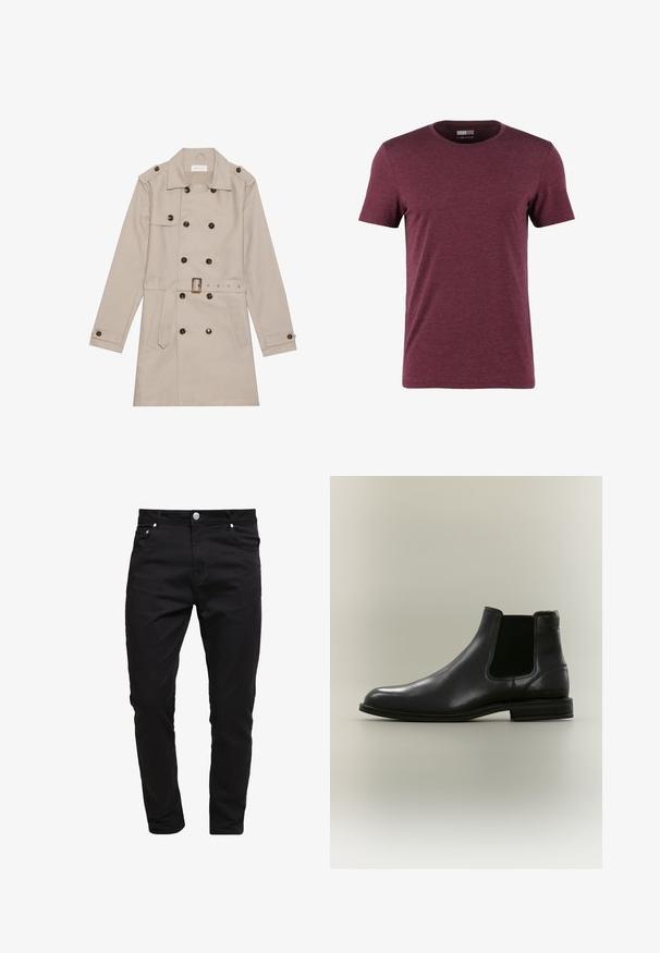 Manteau beige à double boutonnage, grandes boutons foncés, taille ceinturée, épaulettes et deux poches frontales.; T-shirt bordeaux à col rond en tissu doux, avec des manches courtes et une texture lisse, idéal pour un usage décontracté.; Jean noir en tissu denim, design slim fit, style à cinq poches, fermeture à bouton métallique, avec des détails de couture et une texture lisse.; Botte Chelsea en cuir noir avec panneau latéral élastique et talon bas, vue de côté extérieur sur fond neutre.