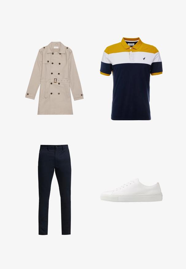 Manteau beige à double boutonnage, grandes boutons foncés, taille ceinturée, épaulettes et deux poches frontales.; Polo pour homme présentant des rayures horizontales jaunes, blanches et marines, avec un col à trois boutons et un petit logo d'oiseau sur la poitrine gauche. Tissu en coton.; GAP ESSENTIAL SLIM FIT - Chino - new classic navy; Baskets en cuir blanc avec une finition lisse, bout rond et six œillets pour les lacets. Présente une semelle en caoutchouc texturée et un design minimaliste.