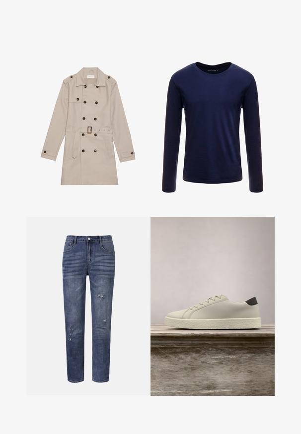 Manteau beige à double boutonnage, grandes boutons foncés, taille ceinturée, épaulettes et deux poches frontales.; T-shirt à manches longues bleu marine en coton doux, doté d'un col rond classique et d'une texture lisse sans motifs ni accents visibles.; Jean en denim délavé bleu foncé, avec une coupe droite, des poches avant et des déchirures visibles avec une légère décoloration. Fermeture à bouton standard.; Baskets blanches avec semelle texturée et détail noir au talon, flottant au-dessus d'un banc en bois avec de hautes herbes vertes en arrière-plan.