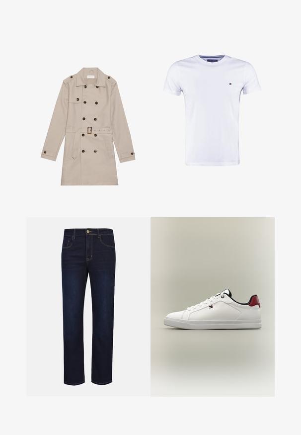 Manteau beige à double boutonnage, grandes boutons foncés, taille ceinturée, épaulettes et deux poches frontales.; Tommy Hilfiger NEW STRETCH TEE C-NECK - T-shirt basique - classic white; Pantalon en denim bleu foncé avec une coupe droit, doté d'une fermeture à bouton, cinq poches, et des détails de couture contrastants en jaune.; Baskets basses blanches avec lacets blancs, petit logo drapeau sur le côté, doublure intérieure noire et détail rouge au talon.