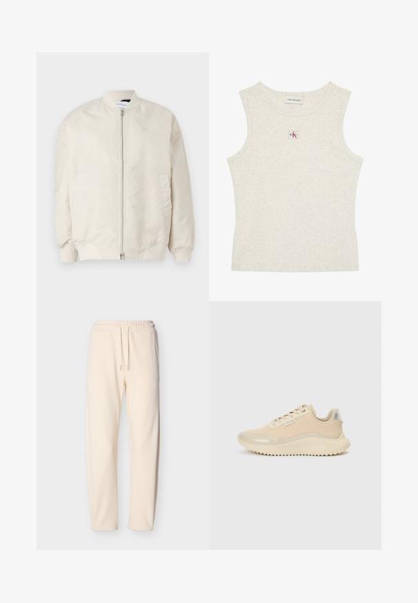 Veste bomber beige clair en tissu léger et lisse. Elle possède une fermeture éclair à l'avant, des poignets côtelés et des poches latérales. Design simple.; Débardeur beige clair sans manches à côtes avec étiquette Calvin Klein Jeans à l'intérieur du col et petite écusson logo CK centré sous l'encolure.; Pantalon de survêtement couleur crème en tissu doux, doté d'une taille élastique avec cordons de serrage et de jambes fuselées. Aucun motif ou accent visible.; Baskets beiges avec un bout et une partie supérieure en cuir verni lisse, détaillées avec une semelle intermédiaire texturée et une semelle extérieure en caoutchouc à bande de roulement. Comprend une étiquette de marque.