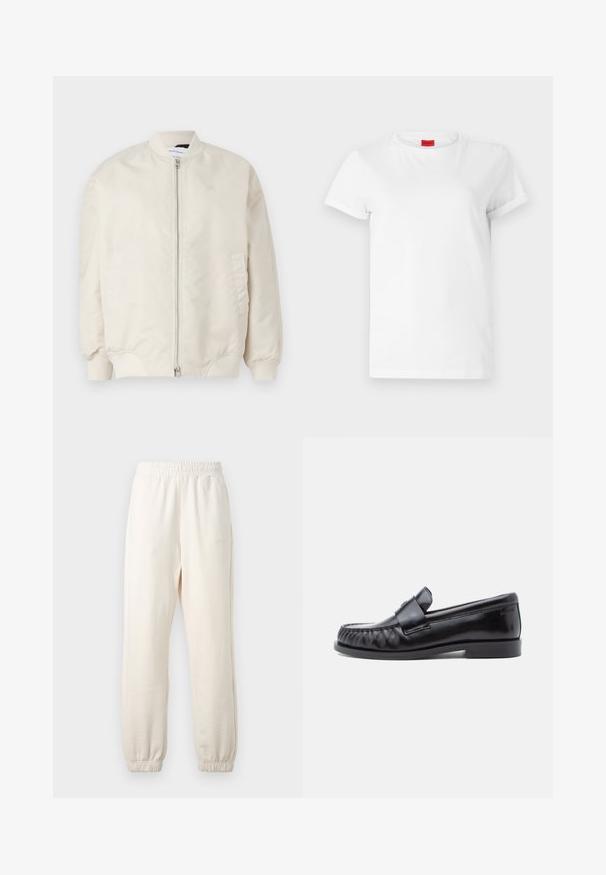 Veste bomber beige clair en tissu léger et lisse. Elle possède une fermeture éclair à l'avant, des poignets côtelés et des poches latérales. Design simple.; T-shirt blanc à manches courtes en coton léger. Présente un col rond et des manches retroussées. Étiquette logo rouge sur le col.; Pantalon de jogging couleur crème avec taille et poignets élastiques, présenté à plat sur un fond clair.; Mocassins en cuir noir avec un bout arrondi, une couture distinctive et une bride décorative sur le cou-de-pied. Finition lisse et talon bas.