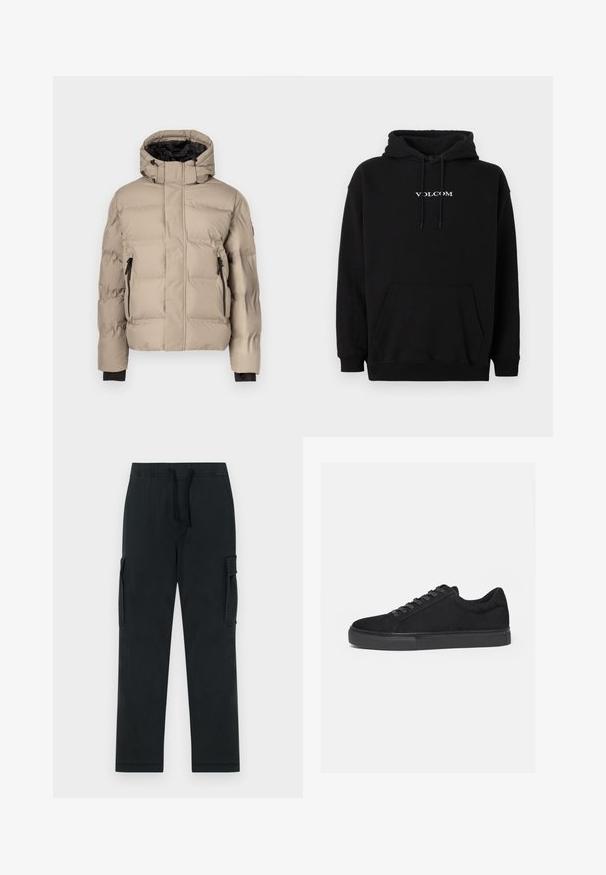 Veste matelassée beige avec col montant, intérieur noir, deux poches zippées et texture matelassée pour l'isolation. Aucune marque visible.; Sweat à capuche noir en mélange de coton, doté d'une poche kangourou à l'avant et du logo "Volcom" blanc brodé sur la poitrine.; Pantalons cargo noirs avec une taille élastique, un cordon de serrage et des poches latérales. Fabriqués à partir d'un tissu lisse et durable ; design à jambes droites.; Baskets basses noires avec fermeture à lacets à l'avant et semelle en caoutchouc plate, vues de profil sur fond blanc.