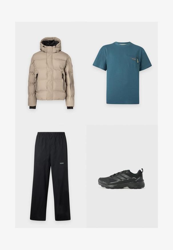 Veste matelassée beige avec col montant, intérieur noir, deux poches zippées et texture matelassée pour l'isolation. Aucune marque visible.; T-shirt bleu à col rond et manches courtes avec une poche poitrine zippée ornée d'un écusson logo Columbia.; Pantalon d'extérieur léger noir avec taille élastique, bouton à l'avant, deux poches avant et petit logo Columbia sur la cuisse droite.; Chaussure de sport noire avec un dessus en tissu texturé, trois rayures argentées, un orteil renforcé et une semelle en caoutchouc robuste pour une meilleure adhérence.