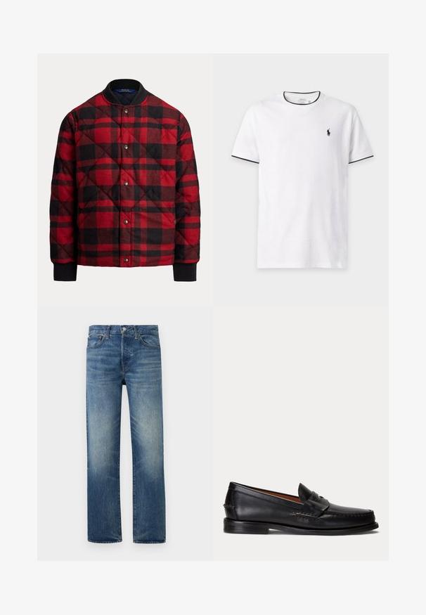 Chaqueta bomber acolchada en cuadros rojos y negros, con cuello redondo, cierre de botones a presión y puños acanalados para mayor calidez y comodidad.; Camiseta blanca de manga corta con ribete negro en el cuello y las mangas, con un pequeño logo negro de Polo Ralph Lauren en el pecho izquierdo.; Vaqueros azul desgastado de pierna recta con cierre frontal de botón y cremallera, trabillas para cinturón y bolsillos delanteros sobre fondo liso.; Mocasín negro de cuero con tacón bajo y detalle de correa para moneda, mostrado de lado sobre un fondo gris claro.