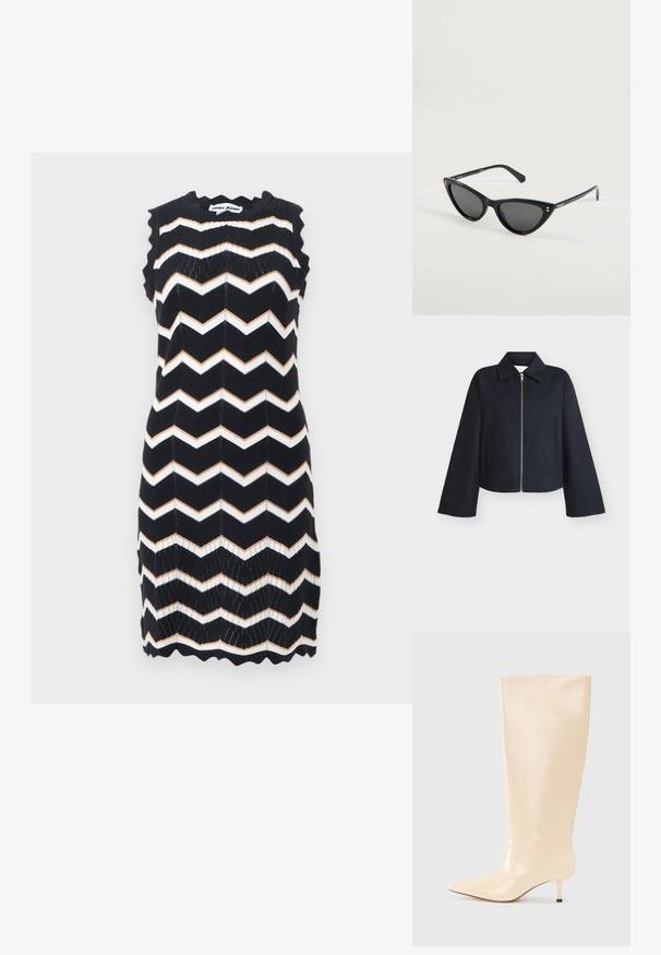 Veste noire à fermeture éclair avec manches larges, col et deux poches latérales sur un fond clair uni.; Robe noire sans manches en tricot avec des rayures en zigzag blanches et beige, bords festonnés, et étiquette DKNY Jeans au niveau du col.; Botte en cuir beige à hauteur de genoux avec une finition lisse et élégante, un bout pointu et un talon bas et élancé. Présente un design minimaliste sans accents visibles.; Lunettes de soleil noir en forme d'œil de chat avec des verres foncés et des branches fines, portant la marque Polaroid sur les tempes, exposées sur une surface blanche.