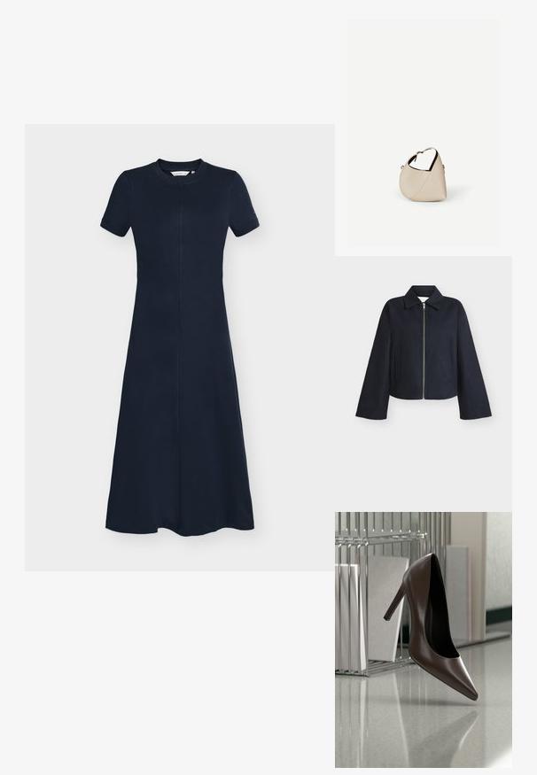 Veste noire à fermeture éclair avec manches larges, col et deux poches latérales sur un fond clair uni.; Robe bleu marine à manches courtes, coupe trapèze, avec col rond et détail de couture courant verticalement au centre devant.; Chaussure en cuir marron foncé à talon haut flottant au-dessus d'un sol réfléchissant près d'une étagère métallique avec des panneaux blancs dans une pièce.; Sac à main en cuir beige en forme de croissant avec une seule bandoulière et des coutures minimalistes, posé sur un fond blanc uni.