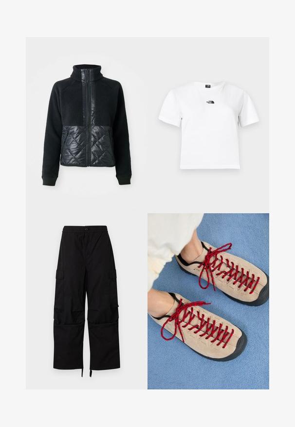 Schwarze Fleecejacke mit quiltierten, mit Reißverschluss versehenen Vordertaschen, vollem Reißverschluss und hohem Kragen.; Weißes Baumwoll-T-Shirt mit kurzen Ärmeln, einem Rundhalsausschnitt und einem schwarzen The North Face-Logo auf der Brust. Einfaches, schmuckloses Design.; Schwarze Cargohosen mit elastischem Bund, Knopfverschluss, seitlichen Klappentaschen und weiten, geraden Beinen mit verstellbaren Säumen.; Beige Schuhe mit roten Schnürsenkeln, die auf einer blauen strukturierten Fläche positioniert sind und teilweise ein Fußgelenk einer Person zeigen. Die Schuhe haben ein sportliches Design.