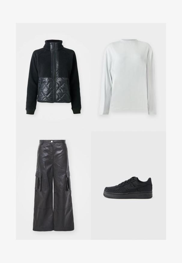 Schwarze Fleecejacke mit quiltierten, mit Reißverschluss versehenen Vordertaschen, vollem Reißverschluss und hohem Kragen.; Hellgraues langärmeliges Shirt mit rundem Ausschnitt und lockerem Schnitt. Hergestellt aus weichem, glattem Stoff mit leichtem Glanz und ohne sichtbare Muster.; Schwarze Leder-Cargo-Hosen mit weitem Bein, ausgestattet mit zwei seitlichen Taschen und detaillierter Naht. Der Stoff hat eine glatte, glänzende Textur.; Schwarzer Sneaker mit strukturierter Wildlederoberfläche, niedrigem Schnitt, rundem Zehenbereich, Schnürverschluss vorn und Gummisohle mit dezentem Branding.