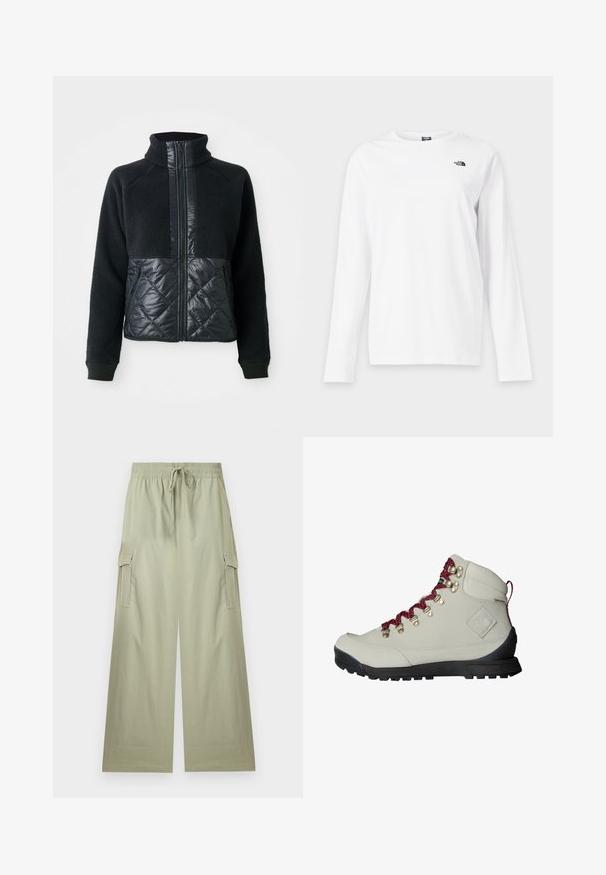 Schwarze Fleecejacke mit quiltierten, mit Reißverschluss versehenen Vordertaschen, vollem Reißverschluss und hohem Kragen.; Weißes Langarmshirt mit Rundhalsausschnitt und kleinem schwarzem The North Face-Logo auf der linken Brust.; Hellgrüne Cargo-Hose mit weitem Bein, elastischem Bund und Kordelzug, seitlichen Klappentaschen und lockerer Passform.; Beige Wanderschuh mit roten Schnürsenkeln, Metallösen und strukturiertem Obermaterial. Besitzt eine robuste schwarze Sohle und ein auffälliges Logo-Detail an der Seite.