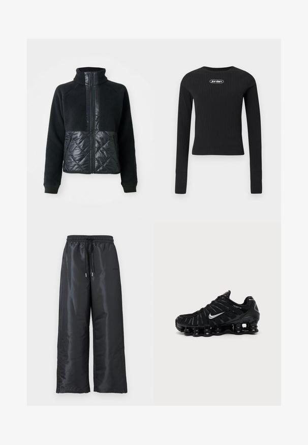 Schwarze Fleecejacke mit quiltierten, mit Reißverschluss versehenen Vordertaschen, vollem Reißverschluss und hohem Kragen.; Schwarzes, geripptes, langärmliges Cropped-Top mit Rundhalsausschnitt und weißem "Jordan"-Logo in der Mitte der Brust.; Schwarze, weite Hosen aus glänzendem, glattem Stoff. Mit einem elastischen Bund und einem Kordelzug sowie Seitentaschen.; Schwarzer Nike Sportschuh mit silbernem Swoosh-Logo, Mesh- und synthetischem Obermaterial und einer markanten segmentierten gepolsterten Sohle.