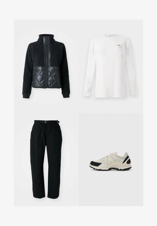 Schwarze Fleecejacke mit quiltierten, mit Reißverschluss versehenen Vordertaschen, vollem Reißverschluss und hohem Kragen.; Weißes Langarmshirt mit kleinem braunem Berggrafik und dem Text "Paradise Tour" auf der linken Brust.; Schwarze, leichte Hose mit einem elastischen Bund und verstellbarem Gürtel. Verfügt über schmal zulaufende Beine und verstärkte Kniepartien für Langlebigkeit.; Helle beige Sneaker mit schwarzen Wildlederakzenten, Obermaterial aus Mesh, reflektierenden Details und strukturiertem Gummisohle für besseren Halt. Schnürdesign.