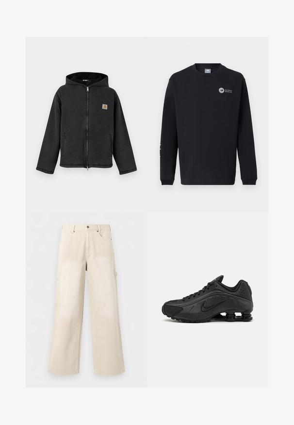 Veste noire zippée avec capuche, présentant une doublure en fourrure, des poches latérales et un patch logo carré sur la poitrine. Tissu robuste.; Sweatshirt noir à manches longues en tissu doux. Comprend un col rond, des poignets côtelés, et un logo sur la poitrine et la manche. Design simple et classique.; Pantalon beige à jambes larges avec poches avant, fermeture par boutons et passants de ceinture, présenté sur un fond blanc uni.; Baskets de course noires avec une tige en synthétique lisse, des accents perforés, des panneaux latéraux texturés et une semelle distincte et rebondissante.