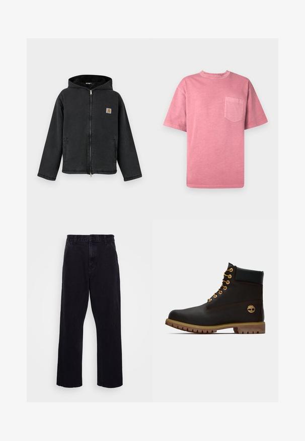 Veste noire zippée avec capuche, présentant une doublure en fourrure, des poches latérales et un patch logo carré sur la poitrine. Tissu robuste.; T-shirt en coton rose à manches courtes, col rond et poche poitrine gauche. Présente une texture délavée et une coupe décontractée.; Pantalons en denim noir avec une coupe droite, dotés d'une fermeture à bouton et à zip, de passants de ceinture et de coutures minimales.; Bottine noire en cuir avec œillets dorés, accents marron et semelle en caoutchouc. Comprend un col rembourré et un logo estampé sur le côté.