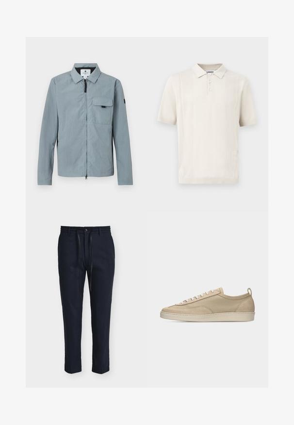 Lichtblauwe, lange mouwen jas met een kraag, voorrits en een borstzak. Heeft een zwarte accenten op de linkerarm. Soepele textuur.; Crèmekleurig poloshirt met korte mouwen, drie knopen en subtiele verticale geperforeerde strepen aan de voorkant.; Marineblauwe op maat gemaakte herenbroek met riemlussen, voorste knoop, ritssluiting en zwarte trekkoord op een witte achtergrond.; Beige lage sneaker met bovenwerk van stof en suède, witte veters, rubberen zool en een lus aan de hiel, afgebeeld in zijaanzicht op een witte achtergrond.