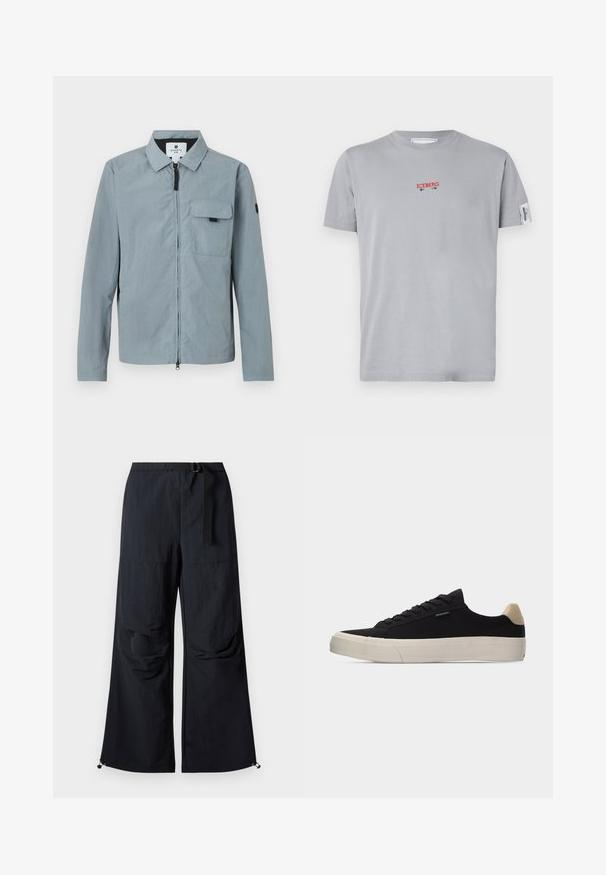 Chaqueta de manga larga azul clara con cuello, cierre frontal y un bolsillo en el pecho. Presenta un acento negro en el brazo izquierdo. Textura suave.; Iceberg Camiseta estampada - grigio chiaro; Pantalones negros de pierna ancha hechos de tela ligera. Cuentan con un cinturón, dos grandes bolsillos laterales y dobladillos ajustables con cierres de cordón.; Zapatilla negra de corte bajo con pestaña de talón beige, suela gruesa de goma blanca, cordones negros y pequeña etiqueta "PS Paul Smith" en el lateral.