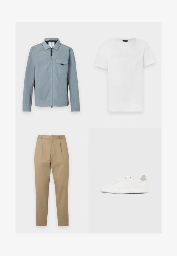 Svetlomodrá, dlhá bunda s golierom, predným zipsom a vreckom na hrudi. Na ľavom rukáve má čierny akcent. Hladká textúra.; Biele bavlnené tričko s okrúhlym výstrihom a krátkymi rukávmi, s jemným, tónovaným logom "DONDUP" potlačeným na prednej strane.; Khaki nohavice s prispôsobeným strihom, s plochým predným dielom, dvoma záhybmi a úzkym strihom nohavíc. Vyrobené z hladkej tkaniny s čistým povrchom.; Biela nízka teniska so sivým pätovým pásikom, bielymi šnúrkami a členitou podrážkou, zobrazená na jednoduchom svetlom pozadí.