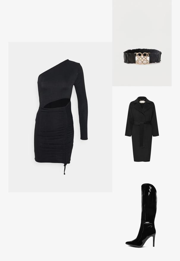 Zwarte wollen jas met een tailleband, brede kraag en lange mouwen. Kenmerkt zich door een strak ontwerp met een middellange pasvorm. Gestructureerde stof.; IN THE STYLE RUCHED CUT OUT SLINKY MINI DRESS - Jerseyjurk - black; Kniehoge, patenten zwarte stiletto laars met een puntige neus. De gladde textuur en het hoge ontwerp creëren een slanke, aansluitende silhouet.; Zwarte brede riem met ruches en een goudkleurige dubbele draai gesp met structuur in het midden op een effen witte achtergrond.