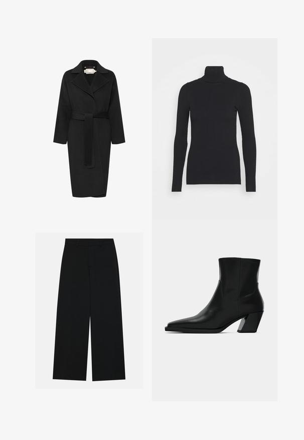 Sort uldfrakke med bæltestykke i taljen, bred krave og lange ærmer. Har et enkelt design med en mellem-lang pasform. Struktureret stof.; Sort ribbet rullekravesweater med lange ærmer og en tætsiddende silhuet. Teksturen er glat med et vandret ribmønster.; Breddebenede sorte bukser lavet af et glat stof. Har en flad talje med bæltestropper og ingen synlige lommer. Simpelt design.; Sortlæder ankelstøvle med spids tå, en slank silhuet og en kraftig firkantet hæl. Glat tekstur med minimale stikninger.